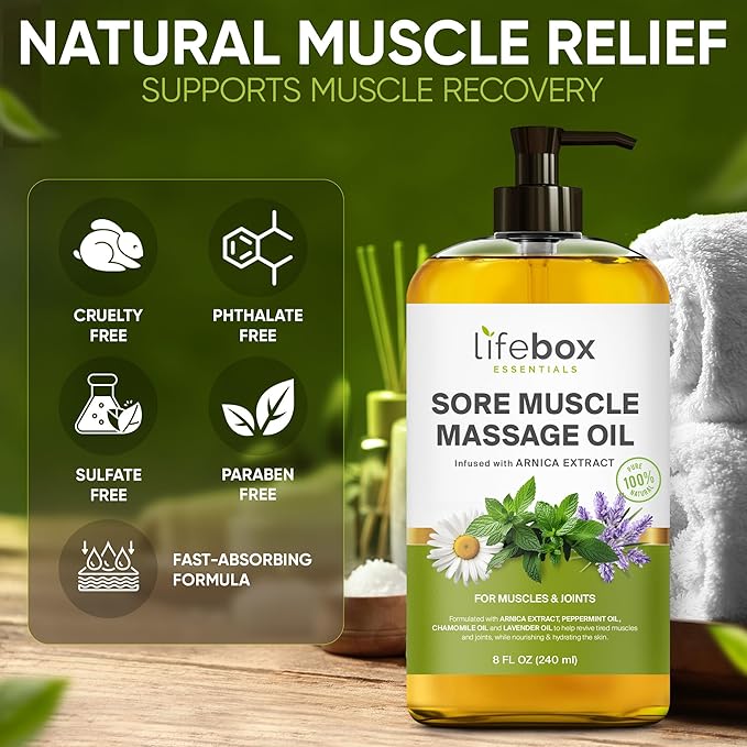 Arnica Sore Muscle Massage Oil – 100% Pure & Natural - Massage Therapy for Muscles & Joints – Body Oil Infused with Arnica Extract, Lavender, Peppermint & Chamomile Oils – 8 FL OZ