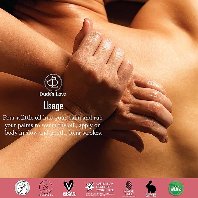 Dude's Love Organic Berry Sensual Massage Oil for Couples - Edible, Detoxifying, Stimulating - 3.38 Fl Oz