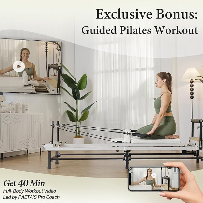 PAETA Pilates Reformer, 91" Foldable Reformer Pilates Machine with Adjustable Reformer Heights, Pilates Equipment with Piano Wire Spings and Jump Boards