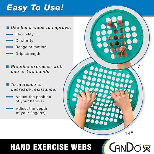 CanDo Hand Exercise Webs for Physical Therapy, Grip Strengthening, and Hand, Finger, Wrist Resistance Workouts, Portable Size, Low Powder, 14" Diameter, Multi-Resistance: X-Light/Medium