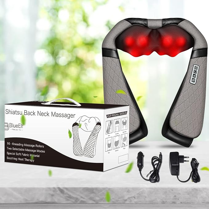 Blue Elf Shiatsu Electric Neck Back Massager Pillow 3D Kneading with Heat for Shoulder, Lower Back, Foot, Leg Muscles Pain Relief Relax in Car Office and Home (Gray)