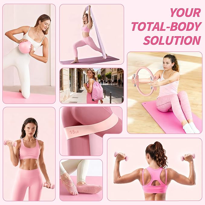 Pilates Kit, Pilates Essential Kit for Women, Pilates Equipment with 14.5" Pilates Ring and Ball, Resistance Bands,Dumbbells & Grip Socks Accessories, Home Pilates Workout Kit for Starter