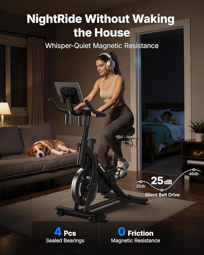 MERACH Exercise Bike, Brake Pad Stationary Bike with Exclusive App, Low Noise Indoor Cycling Bike with 300lbs Weight Capacity, Tablet Mount and Fitness Courses for Weight Loss