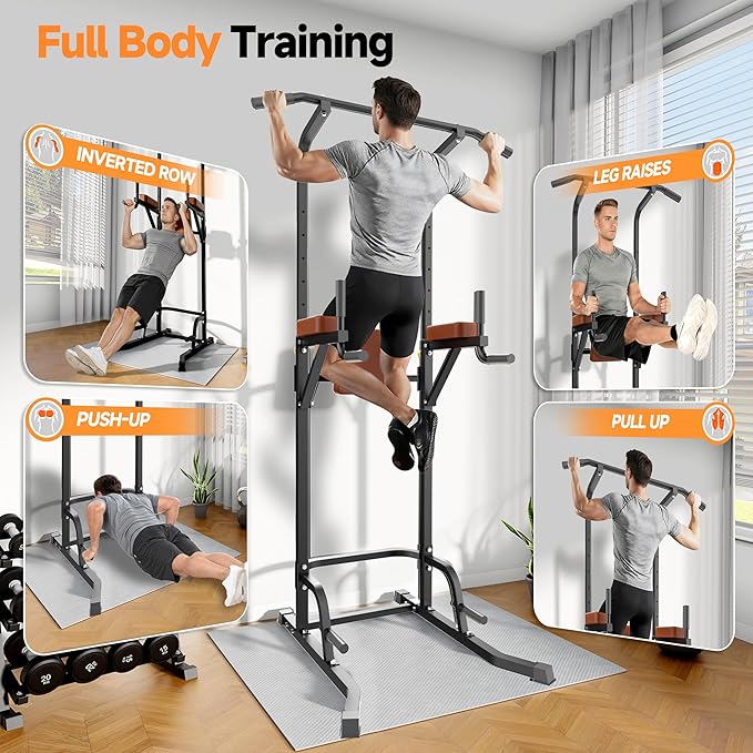 Power Tower Pull Up Station for Home Gym, Dip Station with Splayed H-Shaped Base, 440LBS Capacity, Adjustable Height Workout Station for Pull-ups, Dips & Leg Raises