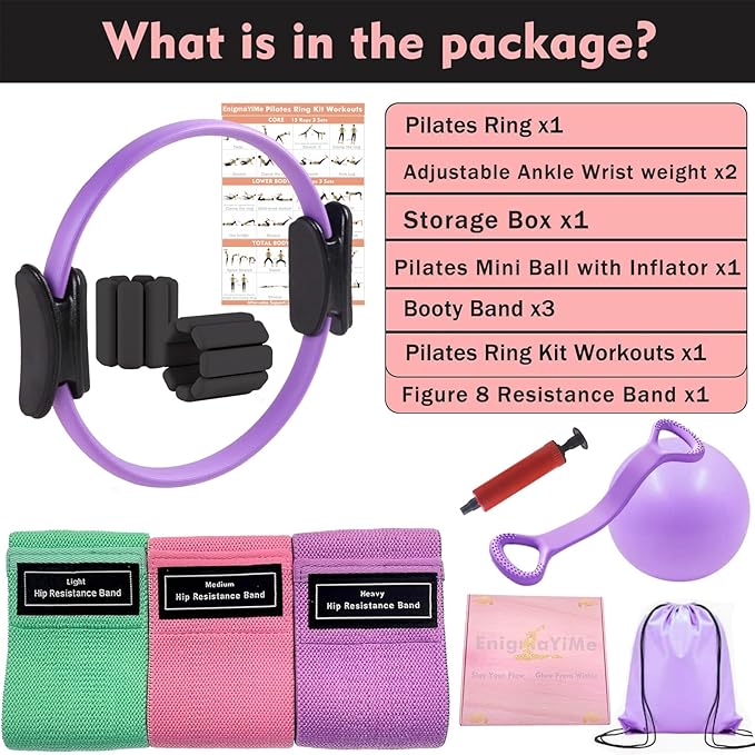 Pilates Ring Kit with Adjustable Ankle Wrist Weights, Resistance Bands, Ball, Pilates Equipment Ball for Home Workout to Tone, Sculpt and Strengthen, Fitness Magic Circle Rings for Yoga Women