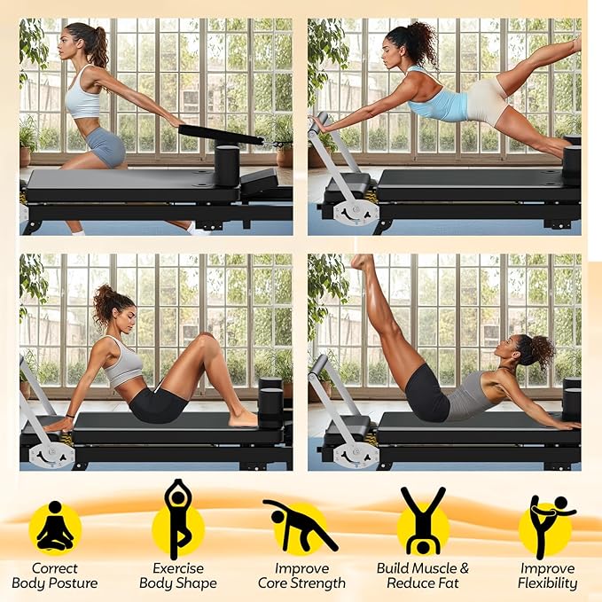 Foldable Pilates Reformer Machine, Portable Pilates Reformer Equpment with Latex Tubes & Springs for Home Workout, Easy Storage and Movement, Maximum Load 400 LBS