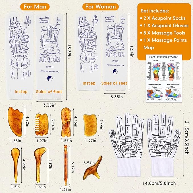 16 Pcs Reflexology Socks and Gloves with Tools Foot Reflexology Socks with Acupressure Gloves & 8 Pcs Massage Point Tools Foot Relief Acupressure Massager Set for Women and Men(Amber)