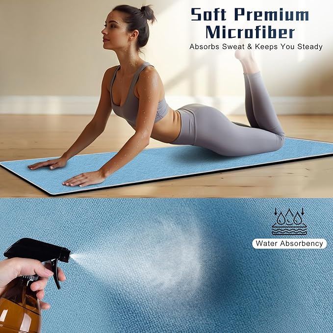 Hot Yoga Towel Non-Slip,Thick & Soft Yoga Mat Towel, Sweat Absorbent, with Grip Dot, 72" x 26", Yoga Towel for Hot Yoga, Pilates, Fitness and Gym Workouts, Sky Blue