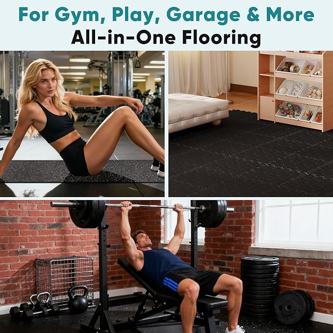OLIXIS Interlocking Rubber Floor Tiles, 1/2 Inch Thick Non-Slip Gym Flooring Mats for Home Gym, Garage Floor Mats Protective Workout Room Tiles for Weight Lifting & Cardio, 6 Pcs
