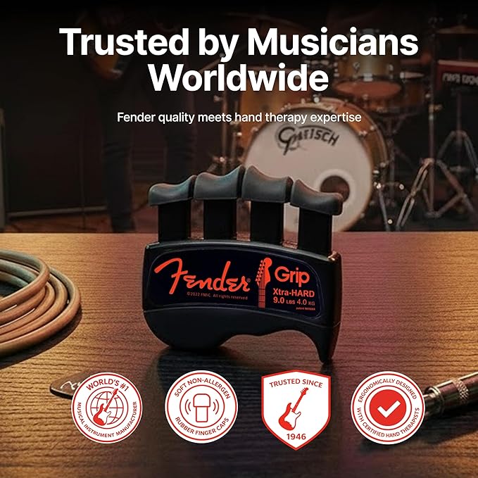 Fender GRIP Hand and Finger Exerciser – Best Ergonomic Finger Strengthener to improve play on all stringed instruments (Guitar, Bass, Violin, etc.) (Tensions: WHITE=5-Lbs; RED=7-Lbs; BLACK=9-Lbs)