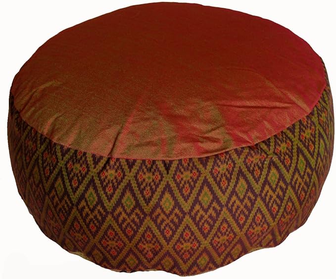 Meditation Cushion Zafu Pillow - Buckwheat and Kapok Fill - Ikat Diamond Saffron
