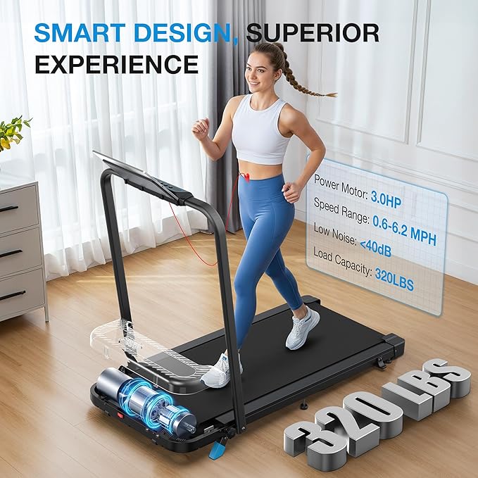 WELLFIT Folding Treadmill with Incline,320+ lbs Capacity Portable Treadmills with Handlebar, Under Desk Treadmill for Home Office,Low Noise Walking Pad with Smart Voice Control for Jogging Running