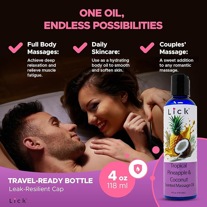 Lick Tropical Coconut and Pineapple Massage Oil – Island-Inspired Edible Massage Oil with Almond Oil & Vitamin E, Smooth Glide for Couples Massage Escapes, 4 oz