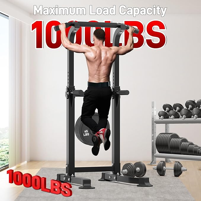 Outdoor Basic Power Tower, Pull Up Bar and Dip Station for Home Gym, 1400LBS Weight Capacity, Adjustable Height, Heavy Duty Steel Frame for Calisthenics, Strength Training Fitness Equipment