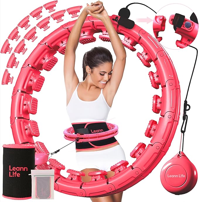 U1 Weighted Hula Hoop 30 Knots 19"-61" for Adults with Waist Trimmer Belt & Durable Wash Bag Bundle– Fitness Hoop for Exercise, Workout, Slimming & Home Gym, Pink