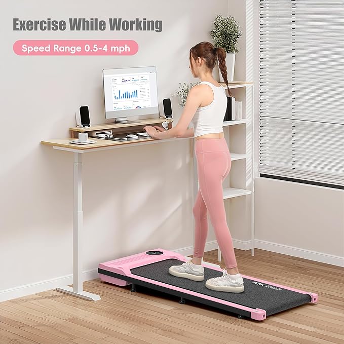ANCHEER Pink Walking Pad Treadmill - Under Desk Treadmill, 2.5HP Compact Portable Treadmills for Home Small Spaces, Office, Remote Control & LED Display