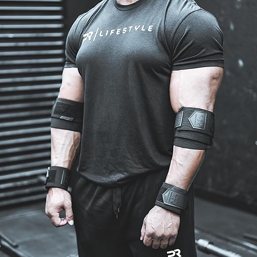 Elbow Wraps for Weightlifting - Heavy Duty Construction, 25% More Elasticity, Reinforced Stitching, Extra Wide Fastener, Easy to Adjust, All Black