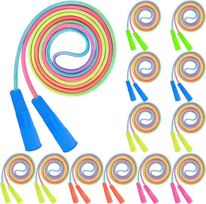 12 Pack Kids Jump Rope, Colorful Gradient Nylon Skipping Ropes for Children, 7.55FT Adjustable Length, Plastic Handles, Lightweight Skipping Ropes for Schools, Parties, and Outdoor Play