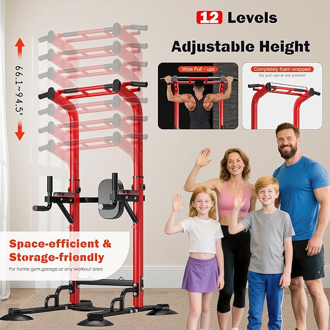 DlandHome Pull Up Bar Power Tower Dip Station, Height Adjustable Heavy Duty Workout Dip Stand, Multi-Functional Strength Training Machine for Men Women Home Gym