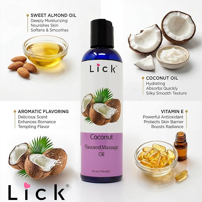 Lick Coconut Flavored Massage Oil – Tropical Edible Massage Oil with Sweet Almond Oil & Vitamin E, Hydrating Body-Safe Formula for Relaxing Couples Massage, 4 oz