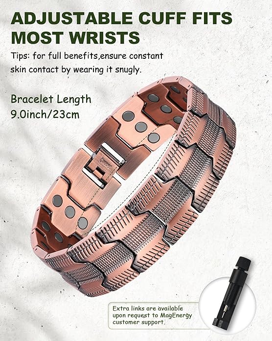 MagEnergy Copper Bracelet for Men, 3X Strength Magnetic Bracelet with 99.99% Pure Copper Ring & 3500 Gauss Magnets, Adjustable Length with Sizing Tool
