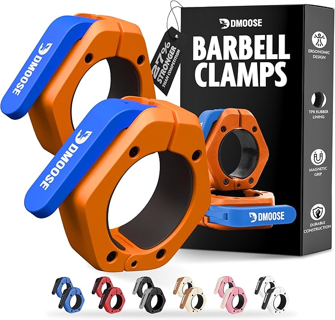 DMoose Fitness Barbell Clips 2 Inch (Pair) - Quick Release Olympic Barbell Clamps & Collars with Anti Slip TPR Grip for Secure Weightlifting and Powerlifting - Weight Clips for Bars at Home or Gym