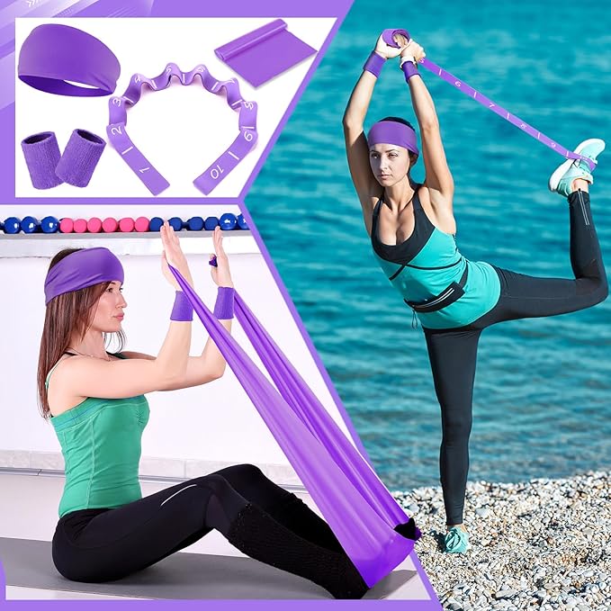 Poen 18 Pcs Home Pilates Ball and Ring Circle Set Yoga Fitness Essentials Kit with 5 Resistance Band Stretching Strap Non Slip Sock Ball Core Slider Wristband Headband Gym Bag for Women