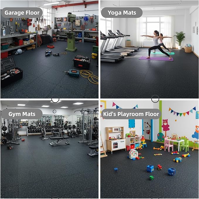 Interlocking Rubber Gym Mats 24 Sq Ft Heavy Duty Exercise Flooring for Home Gym, Weightlifting, Yoga, Playroom - Dual-Layer Non-Slip Noise Reducing Floor Protection Tiles
