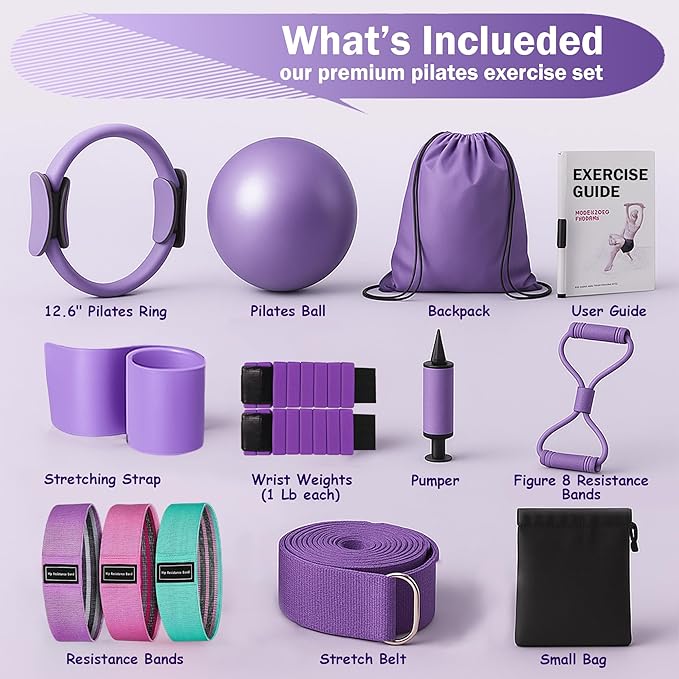 Pilates Starter Kit for Home - Better Pilates Essential Equipment with Adjustable Ankle Wrist Weights, Resistance Bands, Magic Circle Ring, Yoga Ball & Workout Accessories for Women Fitness Toning