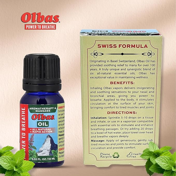 Olbas Massage and Aromatherapy Oil, 0.32 Fl Oz,Body Massage Oil, Swiss Herbal Remedies with Pure Essential Massage Oils for Muscle Relaxing and Soothing Comfort for Pain Relief