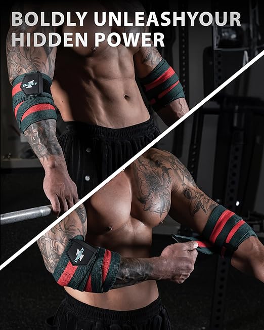 kcross Elbow Wraps for Weightlifting, 47" Strengthening support Elbow Sleeve Weightlifting (1 Pair) for Powerlifting, Bench Press, Gym Workout (Red Green Striped)