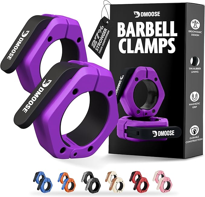 DMoose Fitness Barbell Clips 2 Inch (Pair) - Quick Release Olympic Barbell Clamps & Collars with Anti Slip TPR Grip for Secure Weightlifting and Powerlifting - Weight Clips for Bars at Home or Gym