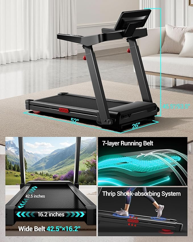 UMAY Incline Treadmill with 2-20% Auto Incline, 400LB Capacity Foldable Treadmills for Home with-Handle Height Adjustable, 42.5"×16.2" Extra-Wide Running Surface, 3.5HP 0.6-8.7MPH Running Machine