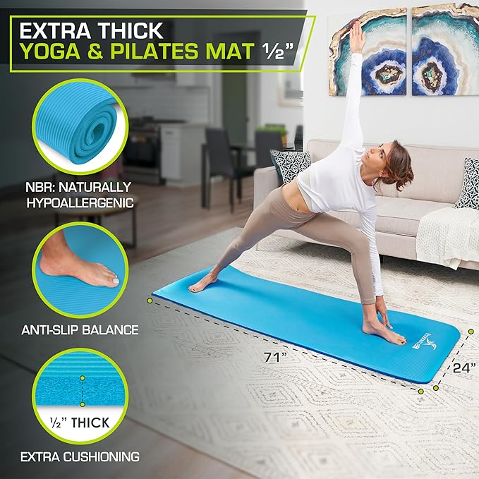 ProsourceFit Extra Thick Yoga and Pilates Mat ½” (13mm) or 1" (25mm), 71-inch Long High Density Exercise Mat with Comfort Foam and Carrying Strap