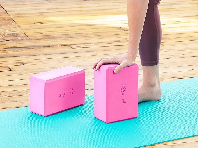 Sol Living Yoga Blocks 2 Pack High Density EVA Foam Yoga Cushion Stretching Pilates Meditation Exercise Equipment Support Deepen Poses Odor Free Non Slip Yoga Accessories - 4" x 6" x 9"- Pink