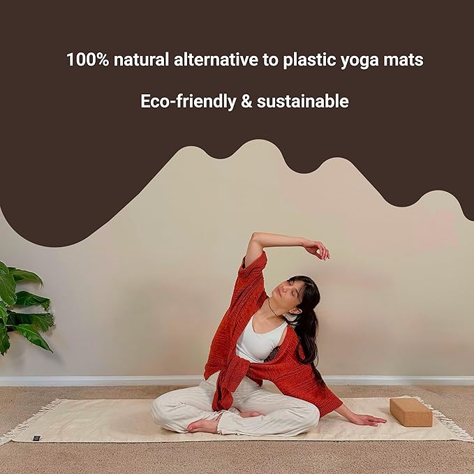 Tharie Hand-Woven Organic Cotton Yoga Mat, Washable & Good Grip, Standalone or as Topper, 70 x 196 cm, Made in India
