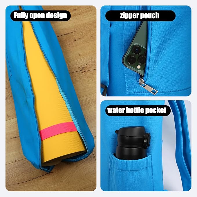 Cotton yoga mat bag with Pockets and Adjustable Strap - Full Zip Cargo Yoga Mat Carrier Bag - Bag for 1/4" 1/3" Thick Yoga Mat