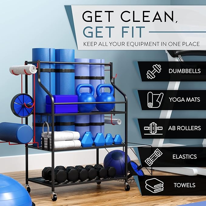 Cascina Home Gym Storage Rack - Weight Rack for Dumbbells, Kettlebells, Foam Roller, Resistance Bands and Yoga Mat Storage Holder - Exercise Workout Equipment Storage Organizer with Hooks and Wheels