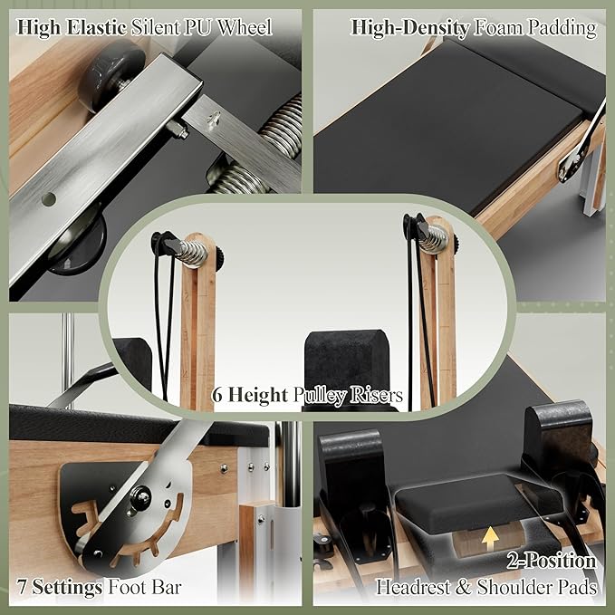 PAETA Pilates Reformer, Wooden Reformer Pilates Machine with Cadillac Trapeze Table, Pilates Equipment for Home Workout and Studio, Includes Sitting Box, Jumpboard