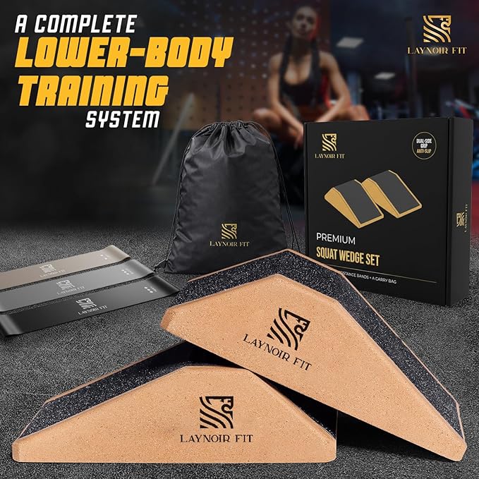 2-Pack Cork Squat Wedge Block with Anti-Slip Pads, Resistance Bands & Carry Bag – Adjustable Slant Board for Calf Stretch, Squats & Home Gym Training