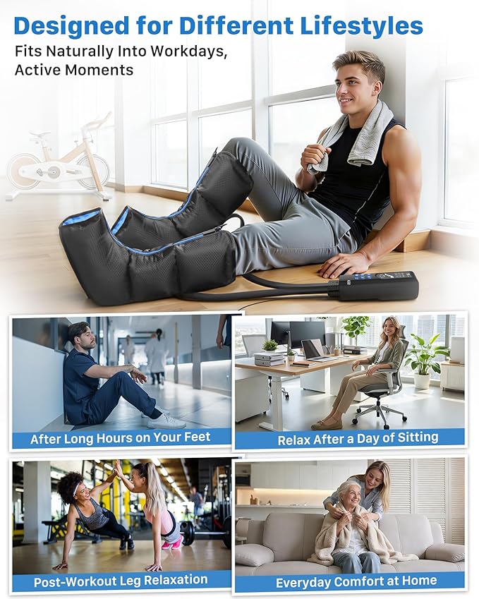 Air Compression Leg Massager with Heat : MUSUGY Sequential Foot and Calf Massager for Circulation and Pain Relief, with 9 Intensity, 6 Modes, 3 Heat - for Mom, Dad, Standing Jobs & Daily Relaxation