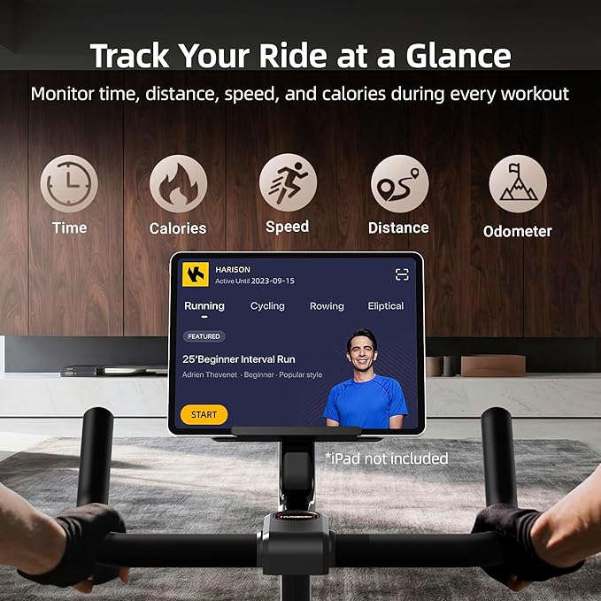 HARISON Exercise Bike, Magnetic Stationary Bike for Home, Quiet Dual-Belt Indoor Cycling Spin Bike, 380 lb Capacity, Adjustable Resistance, Push-to-Stop, 6-Level Handlebar, App Compatible