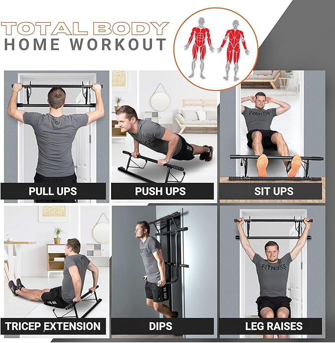 Folding Door Pullup Bar and Dip Bar Station - NO WOBBLE, Home Gym, Easy Storage, Power Tower Dip Station and Pull-up Bar for Doorway, Collapsible Dip Station, No Door Damage, High Weight Capacity, Foldable Bodyweight Workout Station