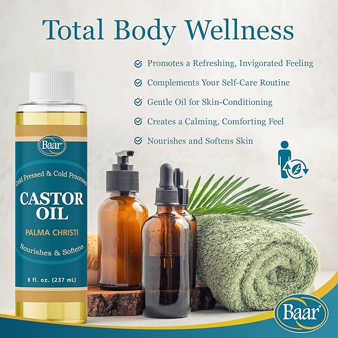 Baar Cold-Pressed Castor Oil, Cold-Processed, Hexane-Free, Palma Christi, for Skin, Hair, Massage & Castor Oil Packs, BPA-Free Bottle, 8 oz.