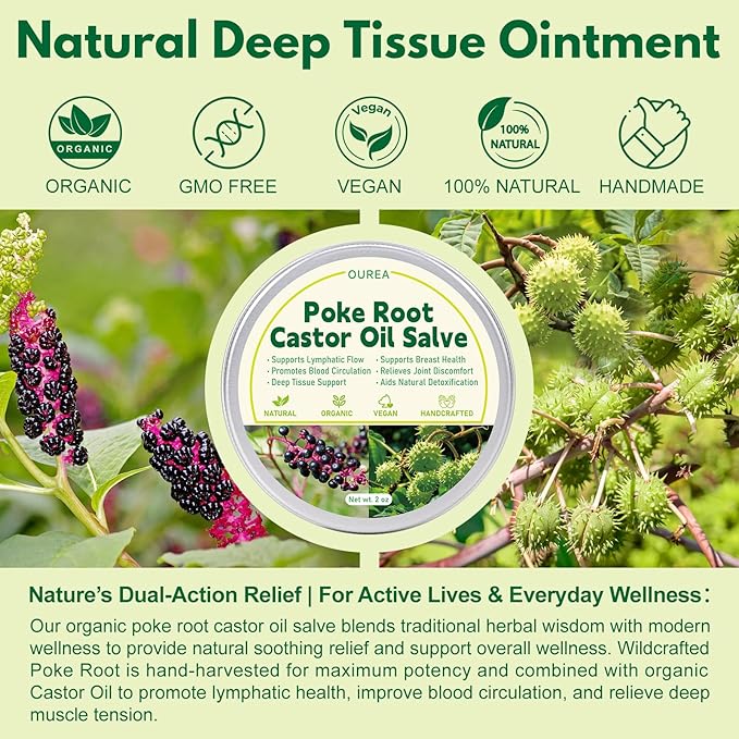Poke Root Castor Oil Salve, Organic Lymphatic Support Massage Balm, Deep Tissue Ointment for Cyst, Boils, Breast, Fibroids, Swollen Lymph Nodes & Joint, Natural, Vegan - 2 Oz