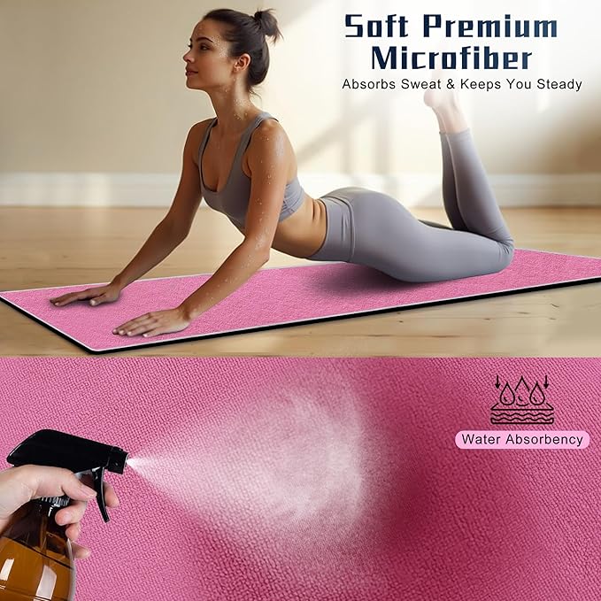Hot Yoga Towel Non-Slip, 2 Pack Thick & Soft Yoga Mat Towel, Sweat Absorbent, with Grip Dot, 72" x 27", Yoga Towel for Hot Yoga, Pilates, Fitness and Gym Workouts, Light Pink
