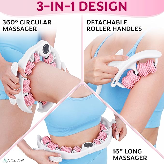 COZLOW Cellulite Massage Roller - Pink - Anti-Cellulite Massager with Detachable Roller Handles for Thighs, Legs & Buttocks - Fascia Massage Tool for Lymphatic Drainage & Deep Tissue Therapy