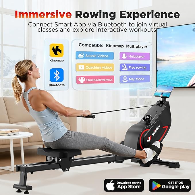 Rowing Machines for Home,Quiet Resistance Magnetic Rower Machine with 32 Levels,350lb Weight Capacity,Compact Dual Slide Rail,LED Monitor & Comfortable Seat,App Supported&Tablet Holder