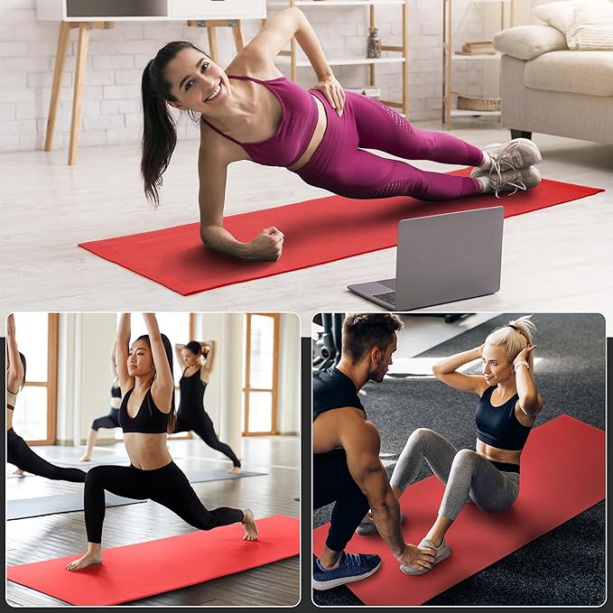 Signature Fitness All Purpose 0.25 Inch Thick High Density No Tear Exercise Yoga Mat with Strap & Lightweight Features for Indoor & Outdoor Use, Red