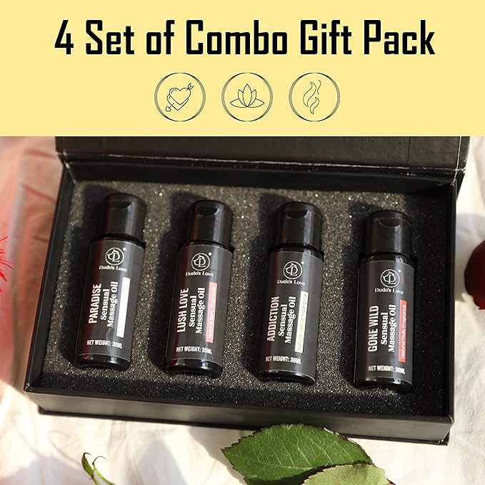 Organic Sensual Safe to Lick Body Massage Oils for Couples - Gift Set Romantic Date Night – Non Greasy No-Stain Fractionated Coconut Oil Quick Absorbing Smooth Glide Trial Pack of 4-120 ML/4 Fl Oz